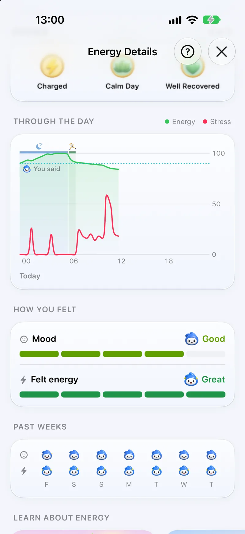 Energy detail with the curve through the day and how you felt