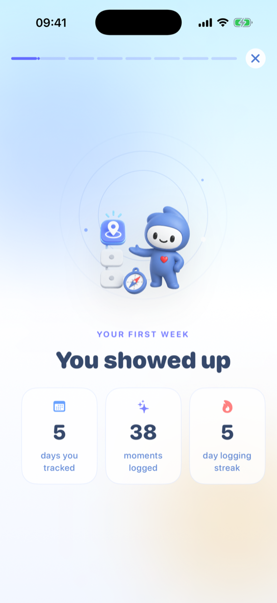 AI habit tracker app weekly recap showing pattern insights across meals, mood, and habits