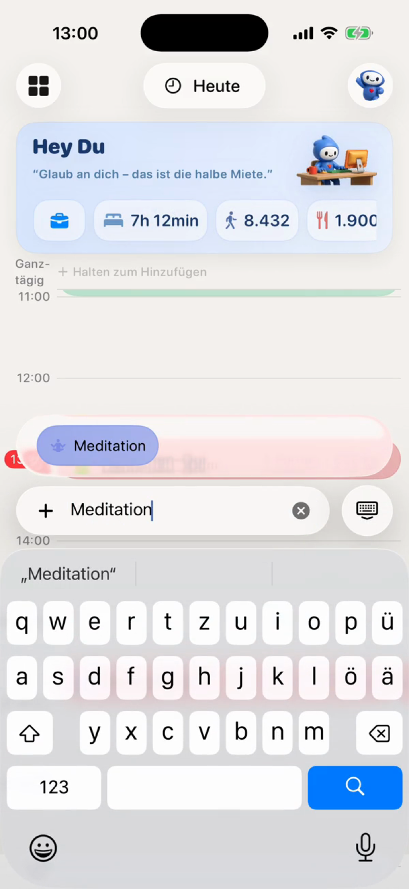 Ein schneller Eintrag in Bowie mit geöffneter Tastatur — in Sekunden erfasst