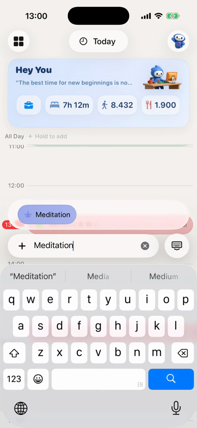 Typing a quick entry in Bowie with the keyboard up — logged in seconds