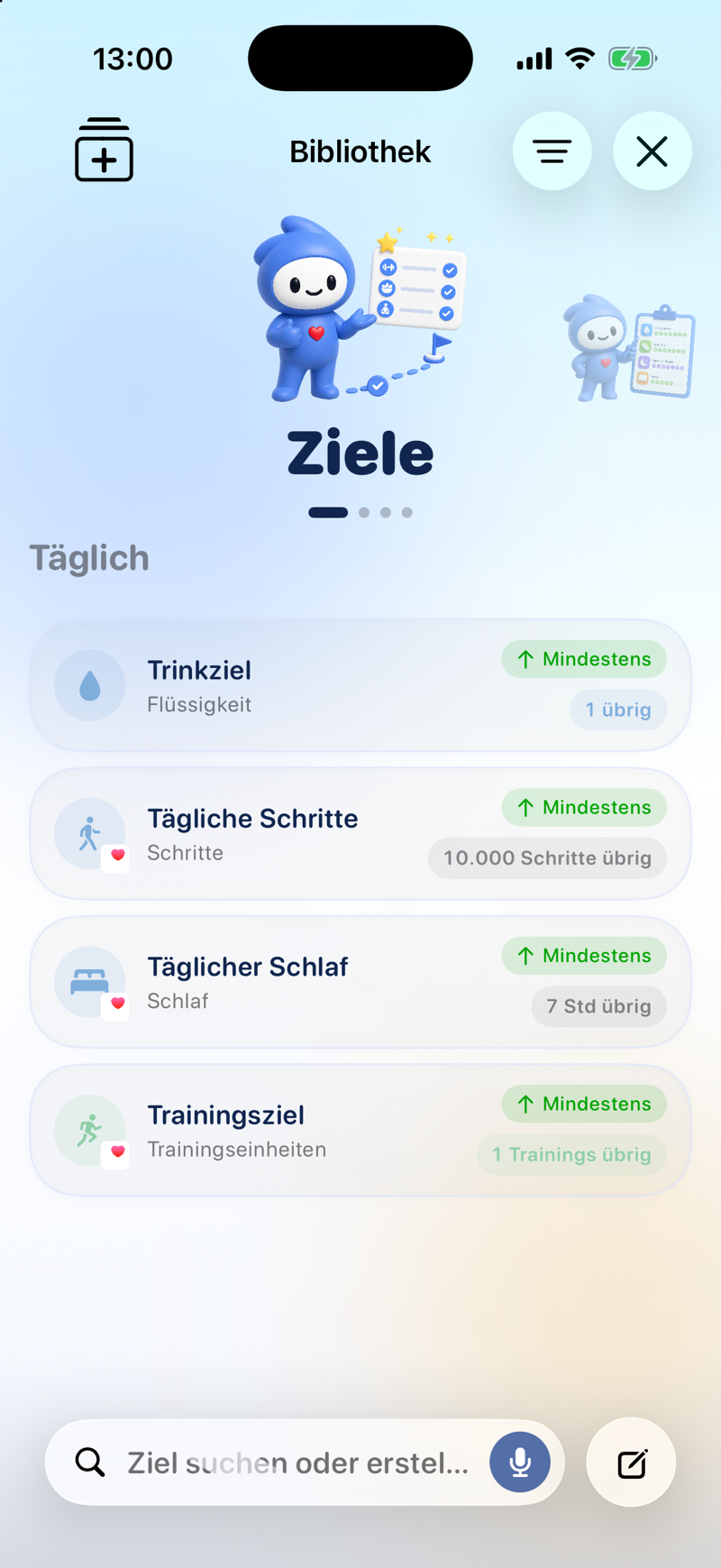 Bowie Zielebibliothek mit Zielen für Wasser, Schritte, Schlaf und Training