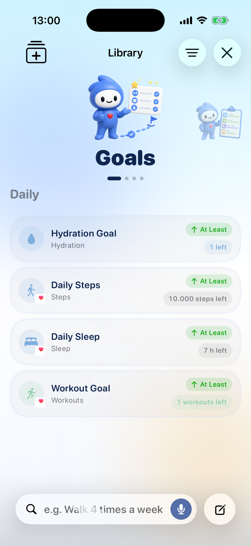 Bowie goals library with hydration, steps, sleep and workout goals