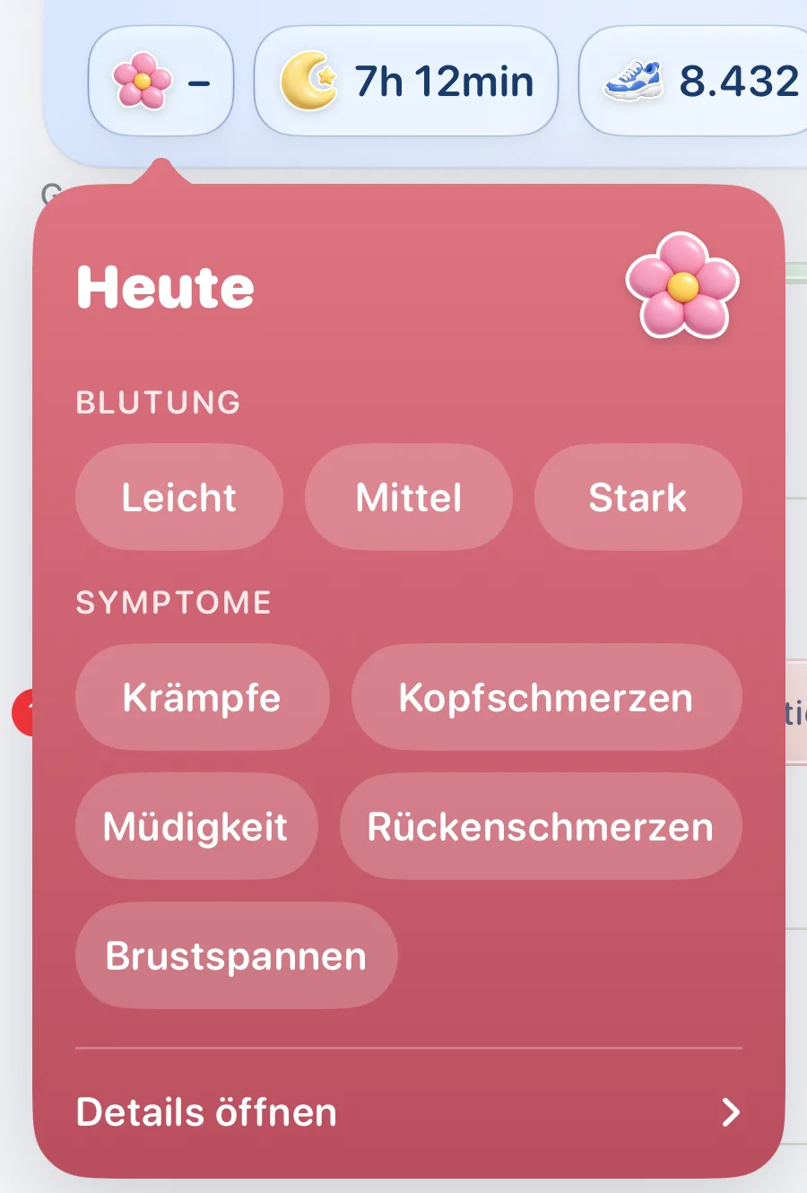 Zyklus schnell erfassen mit Knöpfen für Blutung und Symptome