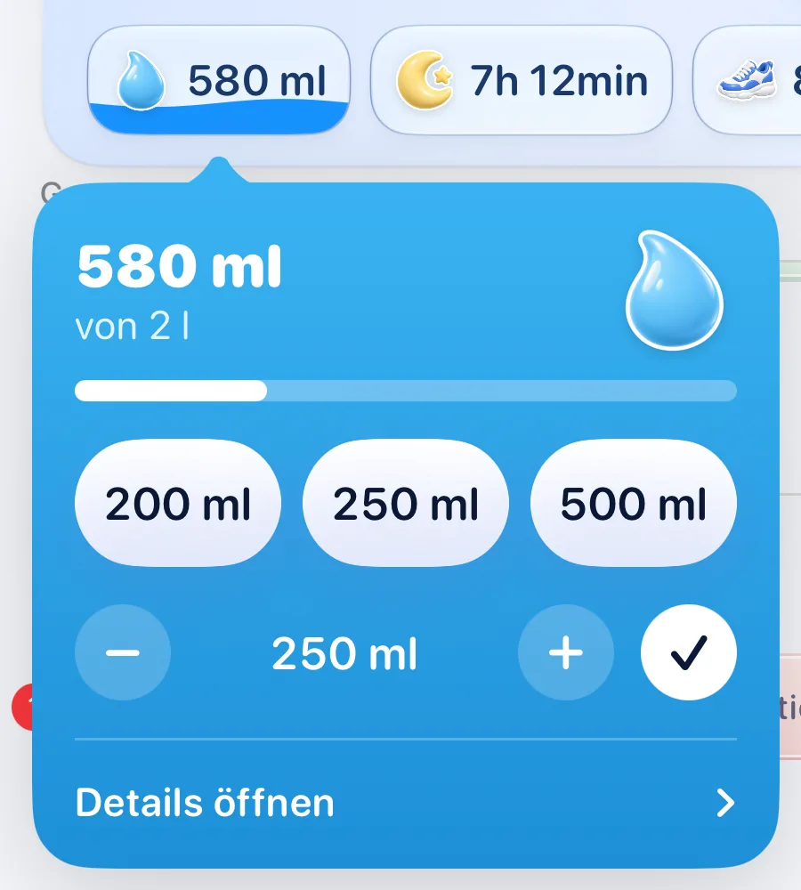 Wasser schnell erfassen mit Knöpfen für 200, 250 und 500 ml