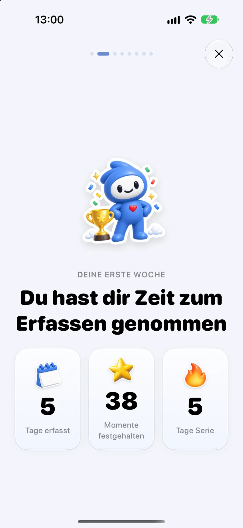 Wochenrückblick mit erfassten Tagen, Momenten und Serie