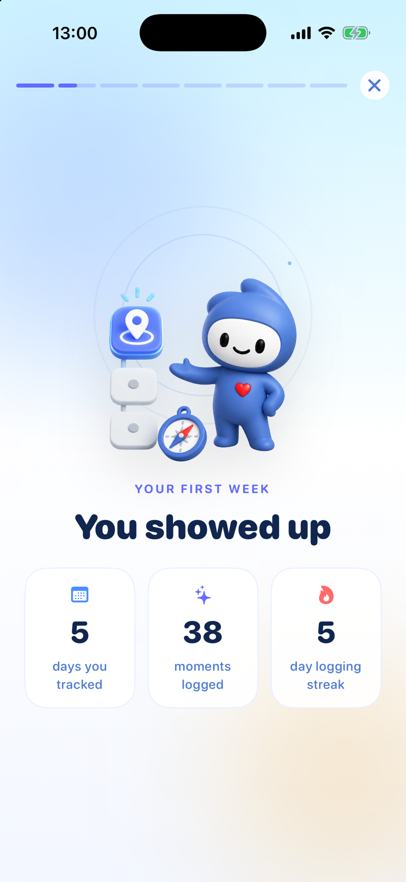 Bowie's kind first-week recap celebrating your tracking streak, no red warnings