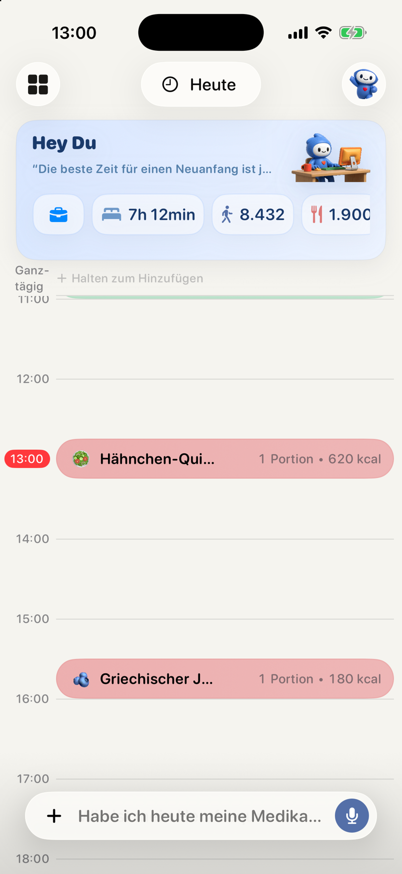 Ein kompletter Tagesablauf in Bowie mit erfassten Mahlzeiten, Stimmung, Medikamenten und Wasser