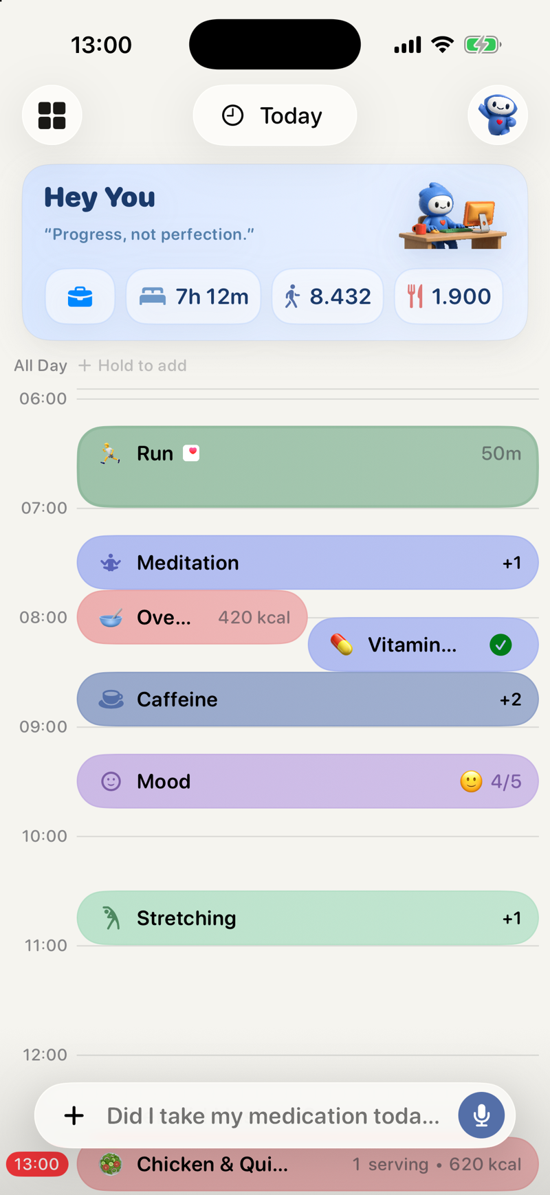 A full day timeline in Bowie with meals, mood, meds and water logged