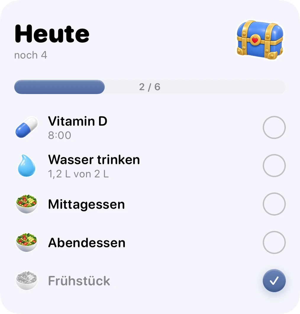 Heute-Widget: die Liste für heute mit Medikamenten, Wasser und Mahlzeiten
